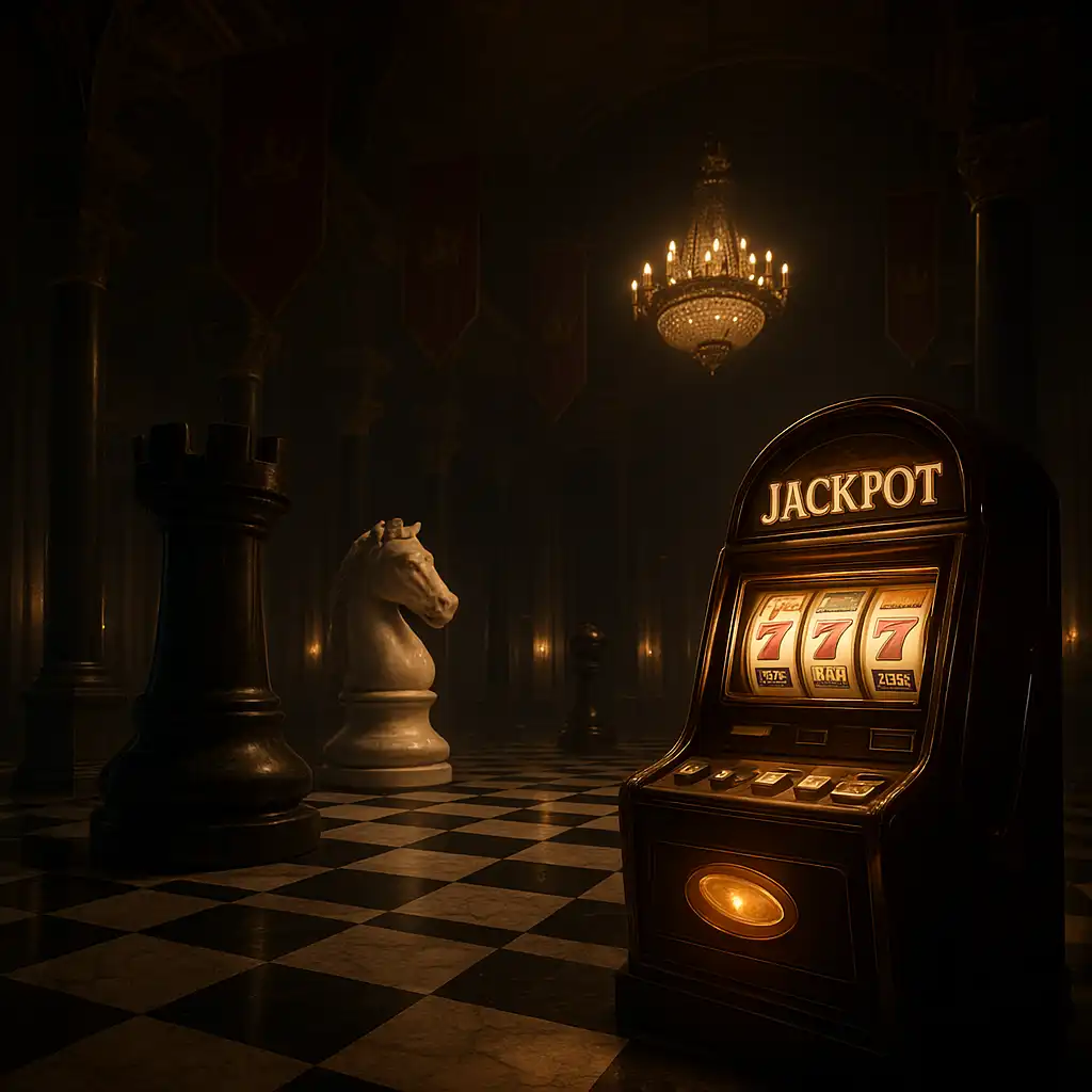 Grand marble chess palace hall with an elegant slot machine and giant chess pieces