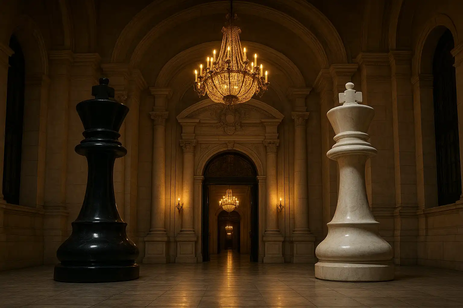 Grand chess palace entrance with towering black and white marble chess pieces
