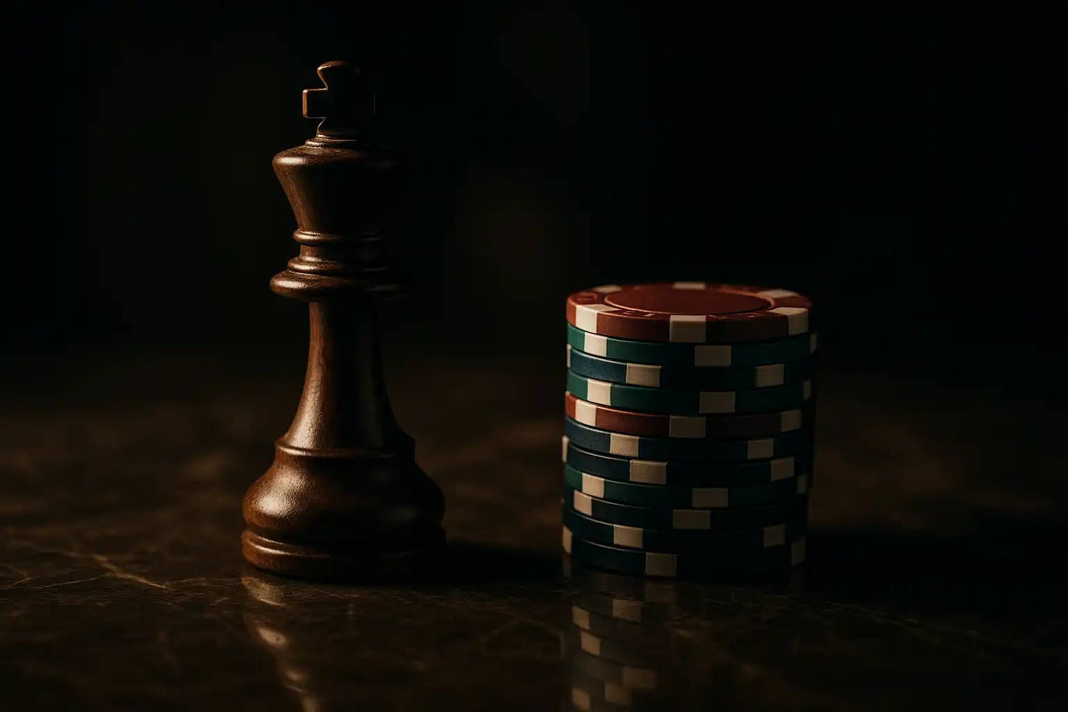Chess king piece resting beside casino chips on a marble table representing a casino review