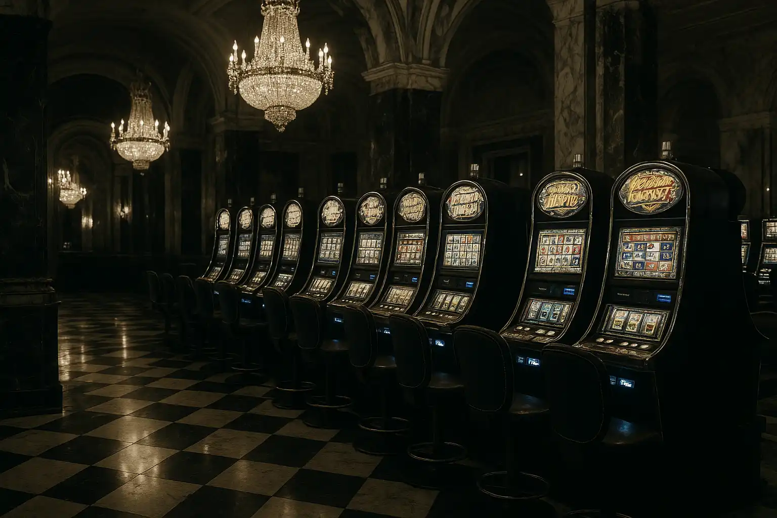 Row of elegant slot machines under chandelier light inside a marble casino hall