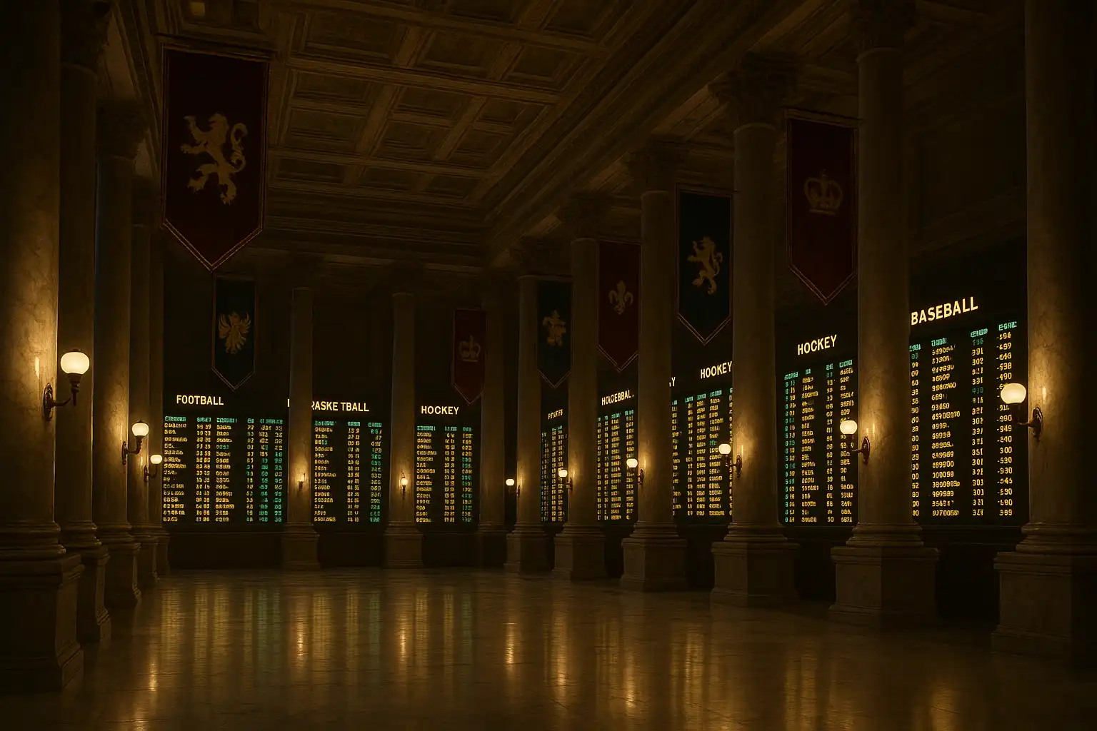 Grand marble hall with betting boards displaying odds beneath royal banners