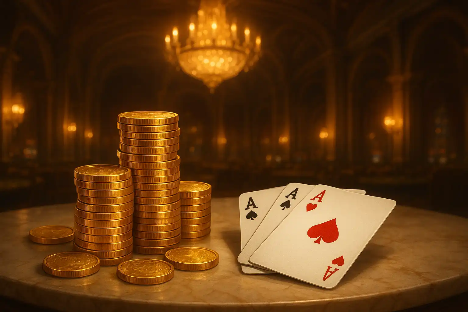 Golden coins and cards on a marble table representing a casino deposit