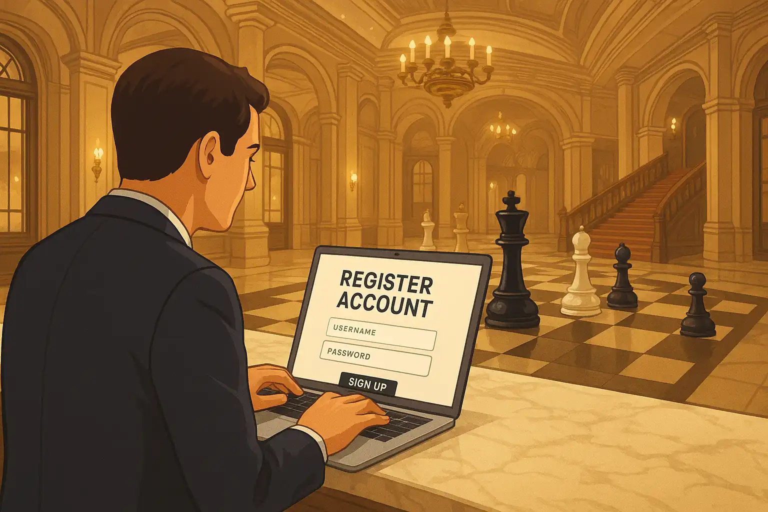 Player registering an account at a marble reception desk in the chess palace