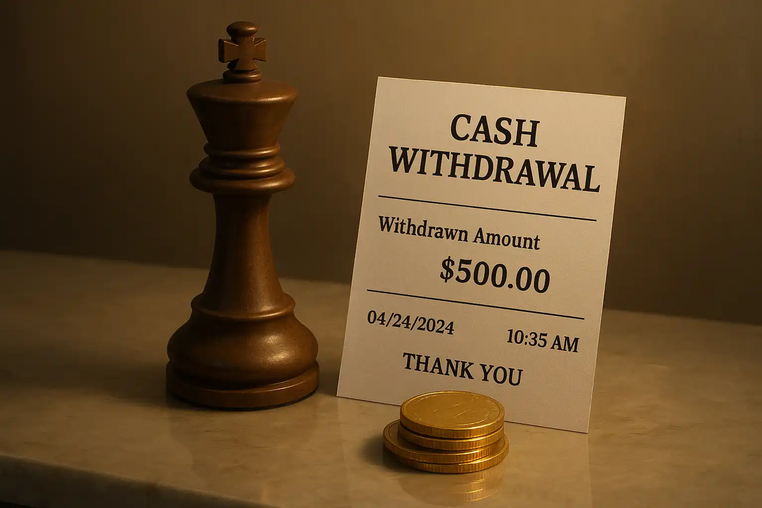 Chess king piece next to a cashier ticket symbolising a casino withdrawal